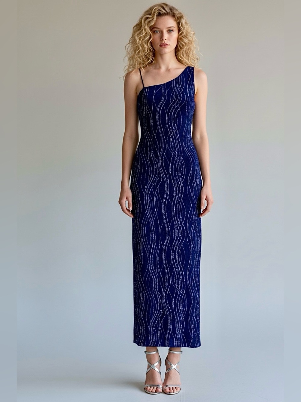 90s Navy & Purple Glitter Minimalist ONE SHOULDER Party Dress / XS S